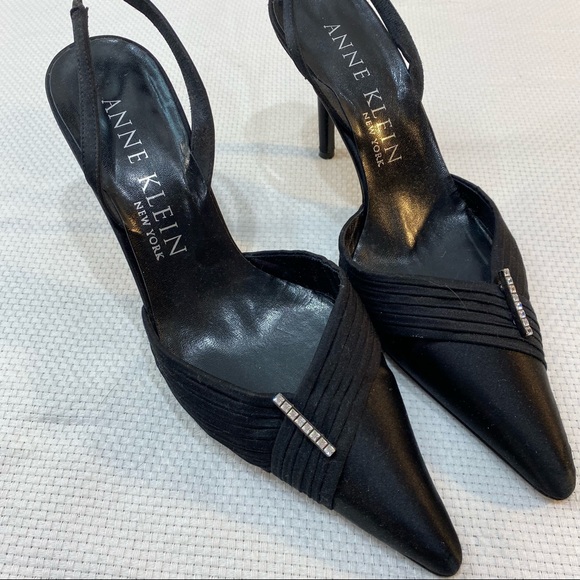 Anne Klein Shoes - Anne Klein Black Satin Crystal Detail Sling Back 3 inch Heels Size 8.5